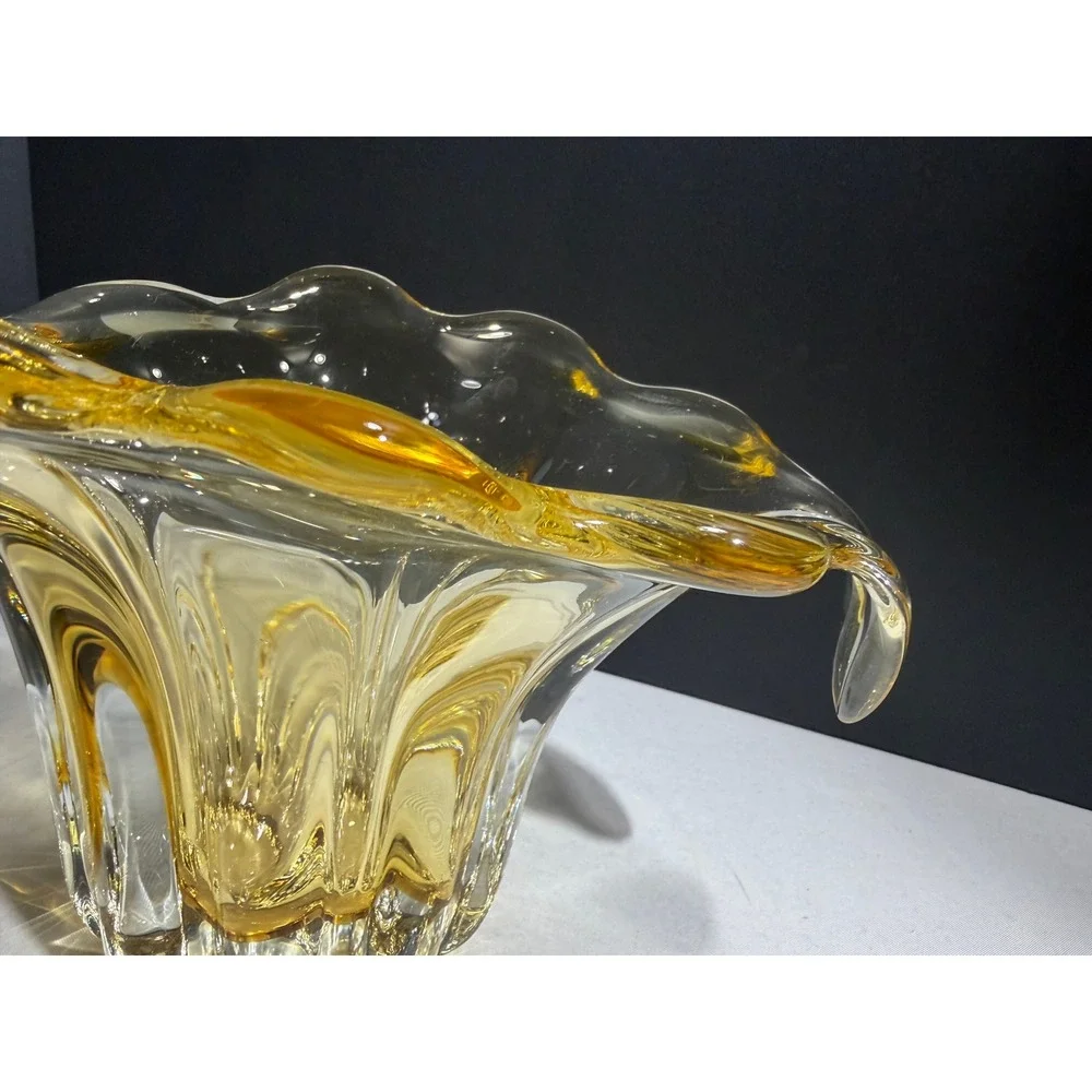 Vintage Murano Style Amber Yellow Sommerso Art Glass Flared Ribbed Vase